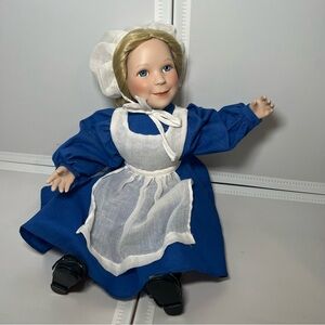 Springford Amish Porcelain Doll Bendable Arms And Legs Blue Apron Bonnet Blonde